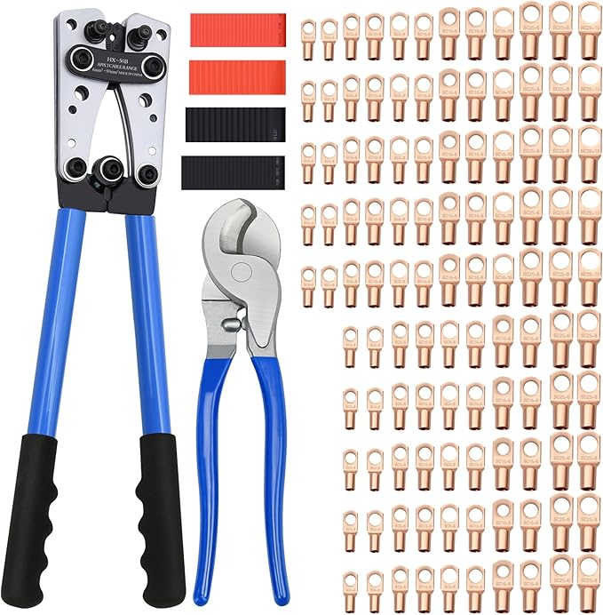 Cable Lug Crimping Tool with 170pcs Copper Wire Lugs, Wire Crimping Tool for AWG 10-1/0 Electrical Lug Crimper, with Cable Cutter, 210pcs Dual Wall Adhesive Heat Shrink Tubing