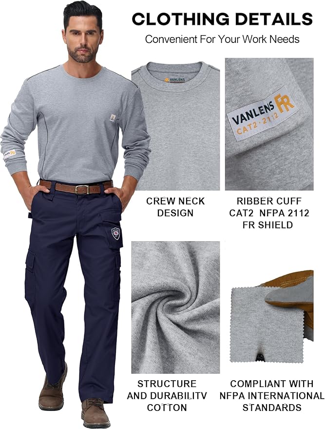 FR Shirts for Men CAT2/HRC2 6.5oz Lightweight Fire Resistant Shirts for Men Long Sleeve Crewneck T-Shirt
