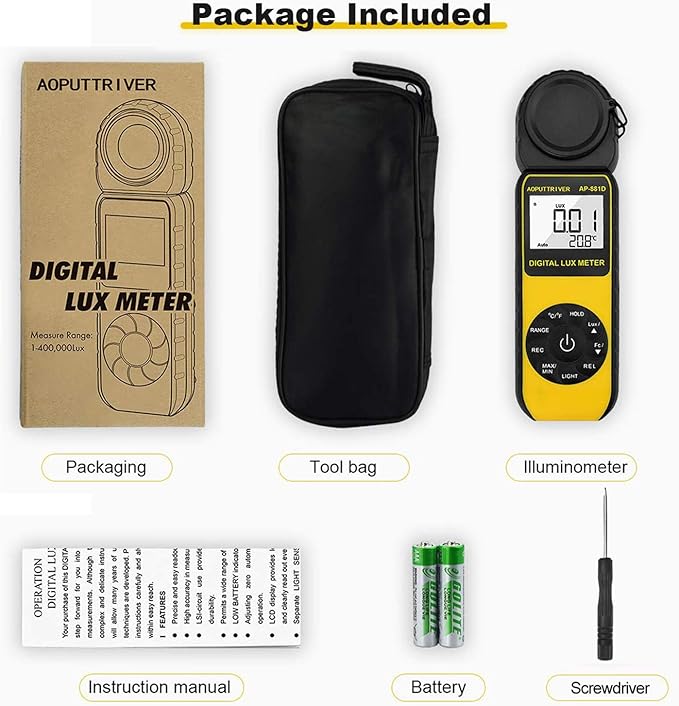 Light Meters, AP-881D Lux Meter with Ambient Temperature（℃/℉） Measurer Light 0.01~400,000 Lux (0.01~40,000 FC), Luxmeter with 270º Rotated Sensor, Back Light, Data storag for Plants LED Indoor Lights