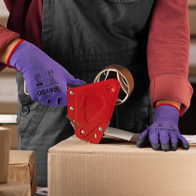 KAYGO Work Gloves for Men and Women,12 Pairs Seamless Knit PU Coated Safety Gloves, with Smooth Grip on Palm and Fingers, Ideal for Light Warehouse, Manufacturing, Gardening, KG11P (XL, Purple)