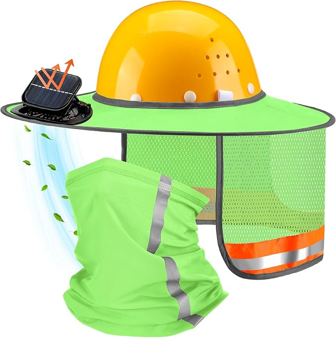 1 Set Sun Hard Hat with Solar Fan Shade Full Brim Hard Hat and Neck Sunshade Cover High Visibility Full Brim Mesh with Reflective Strip for Outdoor Summer Protection