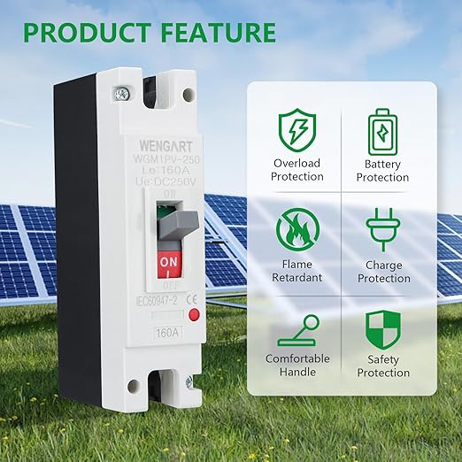 Wengart 160 Amp DC MCCB Circuit Breaker, 250V 1-Pole Molded Case Breaker for Solar PV, Battery Storage & Heavy-Duty Winch, High-Interrupting Capacity DC Protector, WGM1PV-250