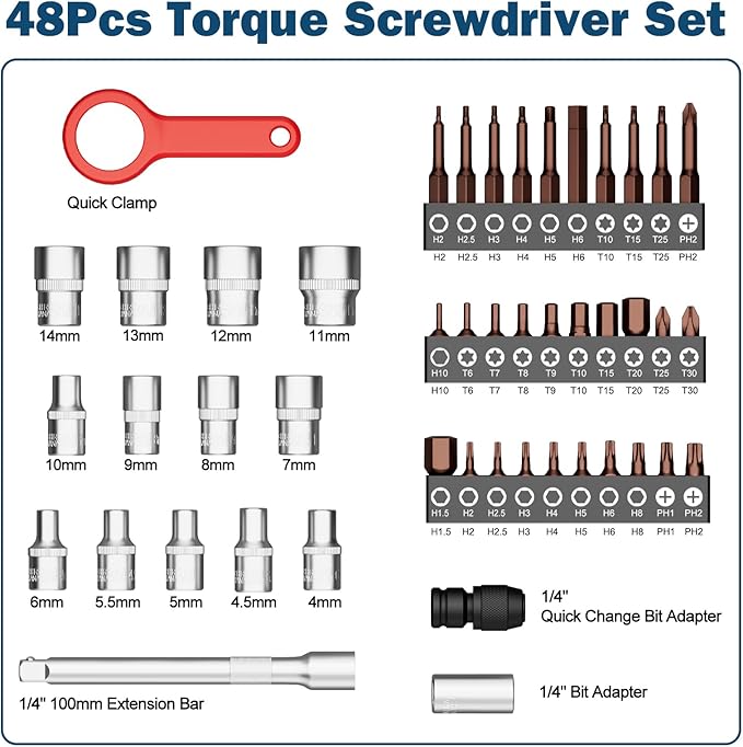 VANPO 49-Pc Torque Screwdriver & Wrench Set | 10-70 in-lb & 1-12Nm Dual Range | S2 Steel Bits & Sockets for MTB Carbon Bikes, Firearm Optics, Scope Mounting & Professional DIY Repairs