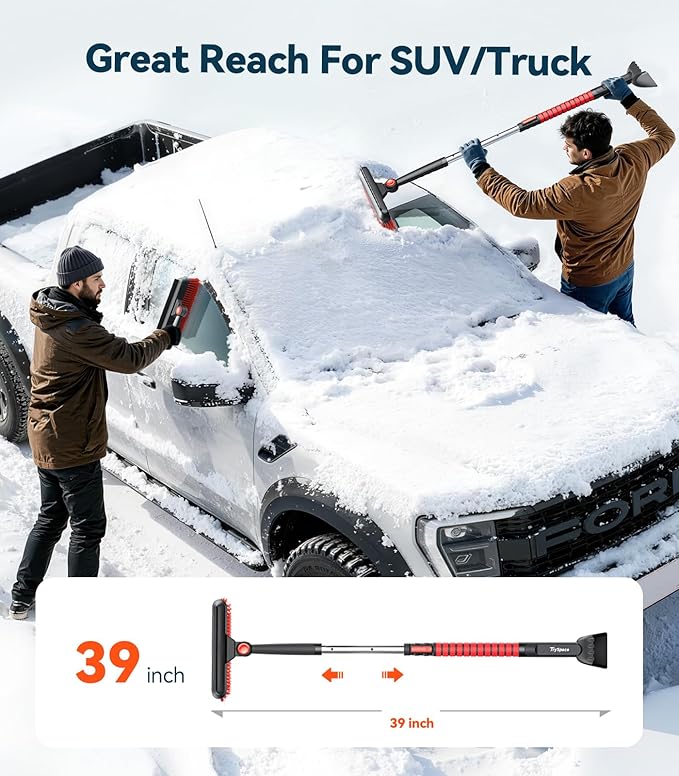 All-Around High-Efficiency Cleaning 39 inch Extendable Snow Brush and Ice Scraper with Squeegee, Shovel, Ice Scrapers for Car Windshield, Truck, SUV Snow Removal Tool, Winter Car Accessories