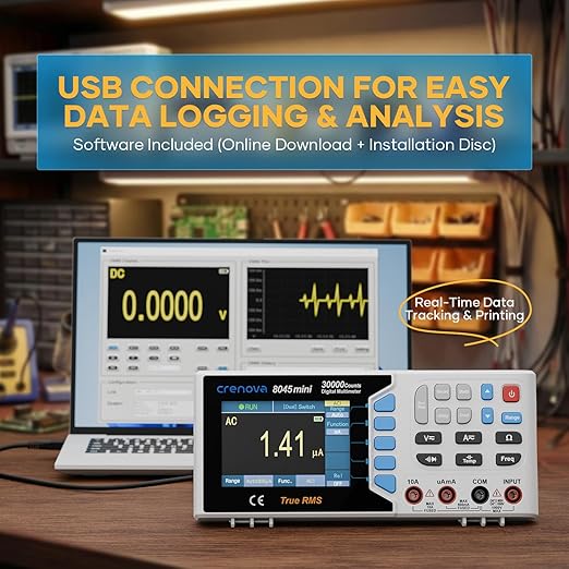 Crenova 30000 Counts True RMS Digital Multimeter, Desktop Bench Multimeter for Lab & Industrial Use. USB Data Logging, CAT II 600V. Measures Voltage, Current, Resistance, Capacitance, Temperature.