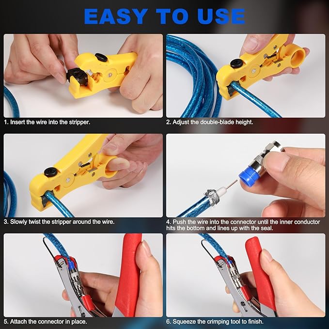 Coax Cable Crimper Tool Kit with Wire Stripper, Screwdriver & Tool Bag – Includes 20 F Connectors, Compression Tool for RG6 & RG59 Coaxial Cable, TV & Internet Installation