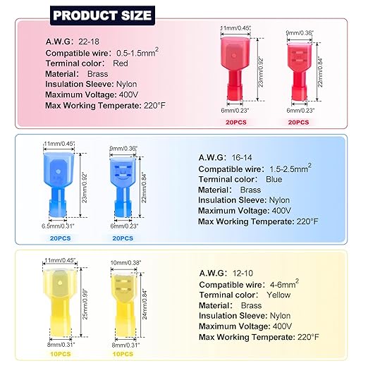 Twidec/50PCS Nylon Spade Connectors Kit 22-10 Gauge Male and Female Wire Spade Terminal Quick Disconnect Fully Insulated Wire Crimp Connector for Automotive Marine