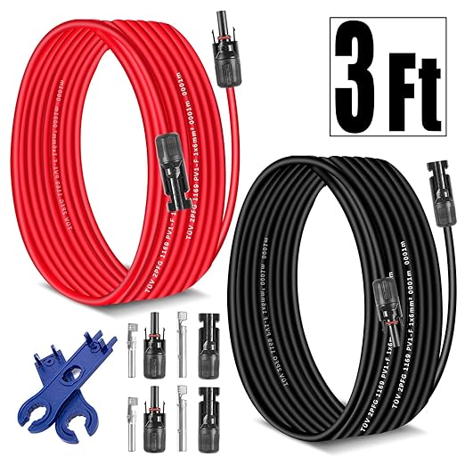 Solar Extension Cable 3Feet 10AWG (6mm²) Solar Panel Cable with Connectors PV Wire Male Female Connector Adapter Gauge Wire for PV System