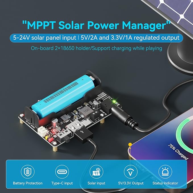Solar Energy Manager MPPT Module, 5-24V Solar Panel / USB-C Charging for 3.7V 18650 Li-ion Battery, 5V USB Output + 5V/3.3V Header Output, Multi-Protection, Compatible with Raspberry Pi 3/4/5 Mounting