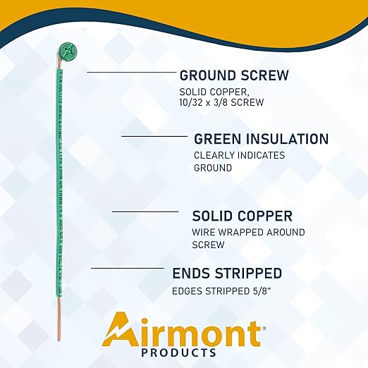 (Pack of 25) 12 AWG Solid Copper Ground Wire with Green Ground Screws – 6.5" Edge-Stripped Grounding Wire, 5/8" Strip, 10-32 x 3/8" Captive Green Screws for Electrical Boxes