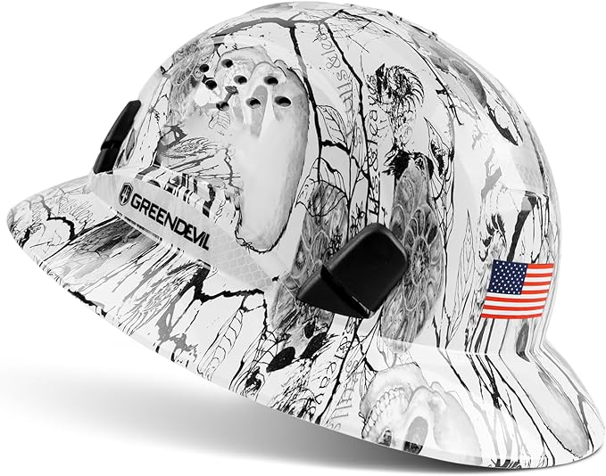 GREEN DEVIL Full Brim Hard Hat Vented Construction Safety Helmet OSHA Approved Cascos De Construccion ABS Work Hardhat for Men&Women 6 Point Adjustable Ratchet Suspension Custom Pattern Design