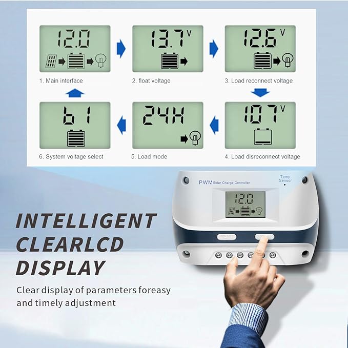 10A 30A Solar Charge Controller 12V/24V PWM Solar Charge Controller with LCD Display USB Port Suitable for FLD/LiFePO4/SLD/GEL