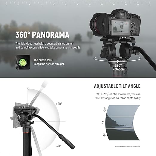 NEEWER Professional Camera Monopod with Feet, 70.5"/179cm Telescopic Portable Aluminum Travel Monopod with Pan Tilt Fluid Head and Removable Tripod Base for DSLR Camera Camcorder, Max Load 13.2lb/6Kg