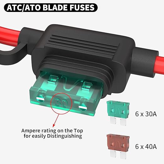 DAIERTEK 10 Gauge Fuse Holder 12V for ATC/ATO Blade Fuses, Inline Fuse Holder with 10 AWG Wires, Waterproof, 30A/40A Fuses, 6pcs