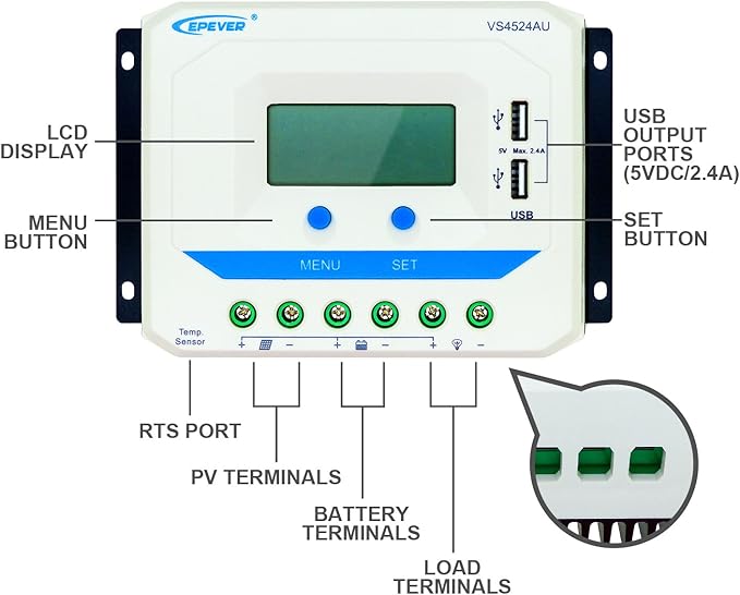 EPEVER Solar Charge Controller 45A VS4524AU Solar Panel Battery Charging Regulator 12V/24V Auto Work with LCD Display Dual USB Ports 5V 2.4A Output (45A)