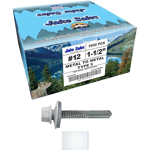 12 x 1-1/2" Brite White Type 5 Drill Point Roofing Screws - Hex Washer Head - Self-Starting/Tapping - EPDM Washer 6 X 250 Bags - 1,500 Screws