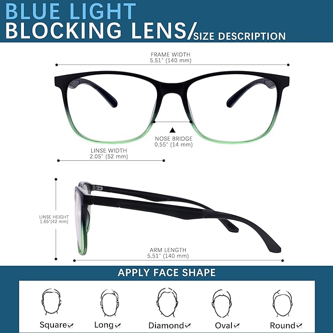 Blue-Light Blocking Glasses Computer Reading/Gaming/TV/Phones Glasses Fashion Anti Eyestrain Glasses for Women Men(E6 Black+Transparent+Gradient Green)