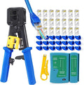PETECHTOOL RJ45 Crimp Tool Cat6 Cat5e Cat5 Ethernet Crimper Kit for RJ45 RJ12/11 Pass Through Connectors with 50pcs rj45 Cat6 Pass Through Connectors, 50pcs Covers, Wire Stripper; Network Cable Tester