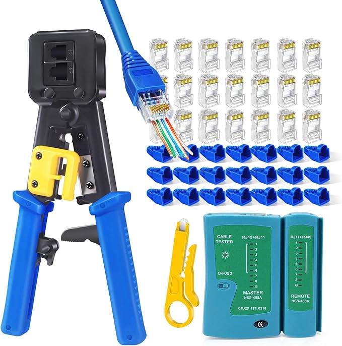 PETECHTOOL RJ45 Crimp Tool Cat6 Cat5e Cat5 Ethernet Crimper Kit for RJ45 RJ12/11 Pass Through Connectors with 50pcs rj45 Cat6 Pass Through Connectors, 50pcs Covers, Wire Stripper; Network Cable Tester