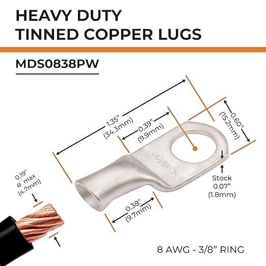 SELTERM 2pcs 8 AWG 3/8" Stud Tinned Copper Wire Lugs, Battery Lugs, Ring Terminals, Battery Cable Ends, 8 Gauge Ring Terminal Connectors, UL Marine Grade Electrical Battery Terminal Connectors