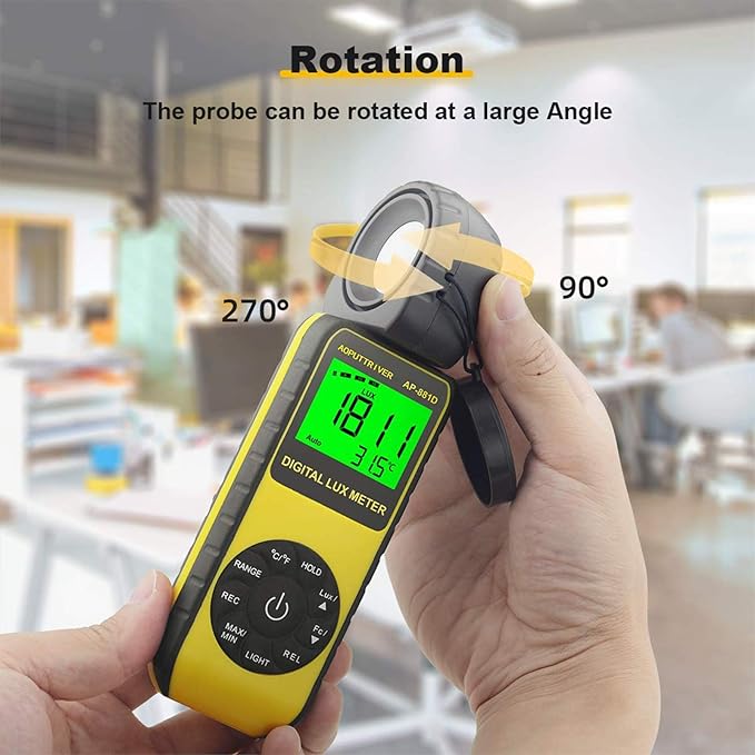 Light Meters, AP-881D Lux Meter with Ambient Temperature（℃/℉） Measurer Light 0.01~400,000 Lux (0.01~40,000 FC), Luxmeter with 270º Rotated Sensor, Back Light, Data storag for Plants LED Indoor Lights