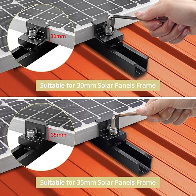 Anbte 6Pcs Solar Panel Mounting Kit, Aluminium 4.72" Solar Panel Mounting Rail & 30mm/35mm End Clamp & Mid Clamp, Solar Panel Mounting Brackets for Metal Roof, Tin Roof, Flat Roof, Sheet Roof, Black