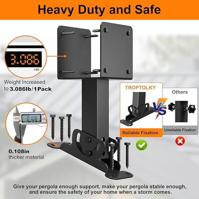 4x4 Heavy Duty Adjustable Angle Pergola Brackets Kit - Black Metal Roof Riser Beam Bracket (1 Pack)