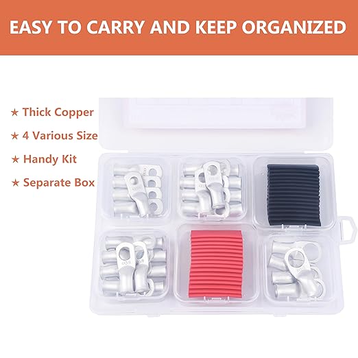 4 AWG Tinned Copper Ring Terminal Kit (62 Pcs) - 30 Battery Lugs (1/4", 5/16", 3/8", 1/2") with 32 Heat Shrink Tubes for 4 Gauge Wire in Automotive, Solar, Marine, RV Applications