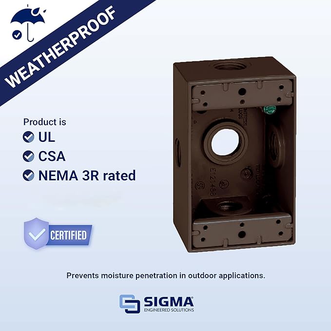 SIGMA ENGINEERED SOLUTIONS Metal Electrical Outlet Box, Weatherproof, Easy Mount Plug and Receptacle Protector, 1 Gang Box, Bronze, (E) 5 Holes