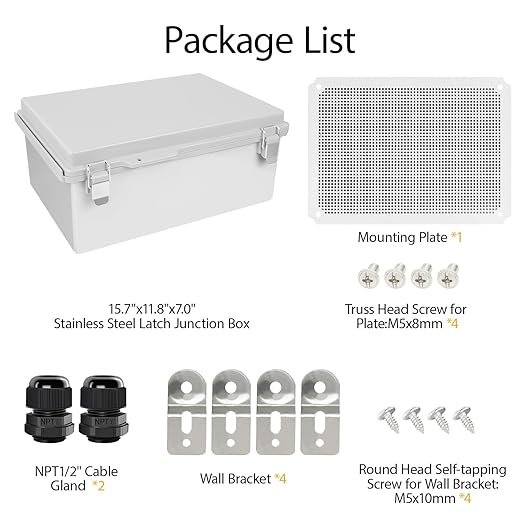LeMotech Electrical Box, IP67 Waterproof Hinged Cover Stainless Steel Latch Junction Box, ABS Plastic Electrical Enclosure with Mounting Plate,Wall Brackets, Cable Glands,15.7"x11.8"x7.0",Grey