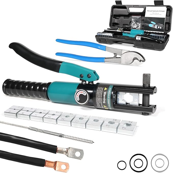 10 Tons Hydraulic Crimping Tool and Cable Cutter, Hydraulic Crimper, Battery Cable Crimper Tool for 12 AWG to 2/0 AWG Battery Terminals, with 9 Dies