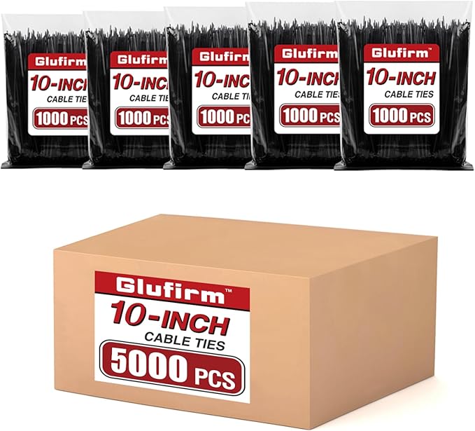 Zip Ties 10 inch (5000 Pack), Black Cable Ties, 45lb Tensile Strength, Wire Ties, Glufirm