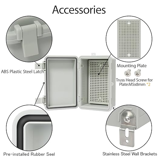 Waterproof Electrical Box Outdoor IP65 Plastic Junction Box Project Boxes for Electronics Hinged Shell Enclosure with Mounting Plate, Wall Brackets, Cable Glands 5.9" x 3.9" x 2.8"