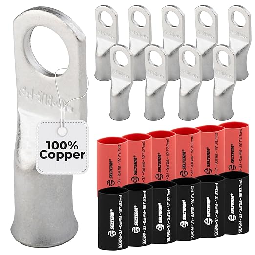 SELTERM 10pcs - 4 Awg - 5/16" Stud - Battery Lugs - Ring Terminal Connectors | with 12pcs 3:1 Black & Red Heat Shrink Tubing with Adhesive | Heavy Duty Battery Cable Ends - Tinned Copper Wire Lugs Kit