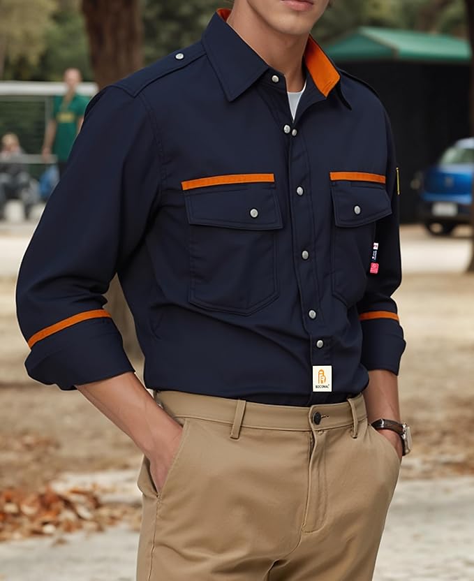 BOCOMAL FR Shirts for Men Flame Resistant Light Weight NFPA2112 Fire Retardant Welding Shirt Water & Oil Repellent Finish