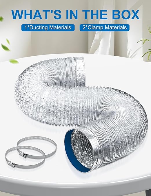 Wathai 4 Inch Flexible Dryer Vent Hose, 10ft Thick Aluminum Foil Ducting Kit for Tight Spaces Crush-Resistant Exhaust Hose with 2 Clamps, Ventilation Duct for Dryer and HVAC Systems