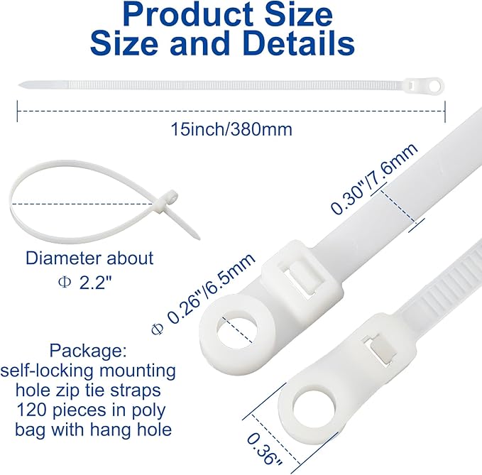 120 PCS 15 Inch Plastic Zip Ties with Screw Holes, Heavy Duty Mountable Cable Ties, UV Resistant Electrical Zip Ties for Indoor & Outdoor (White)