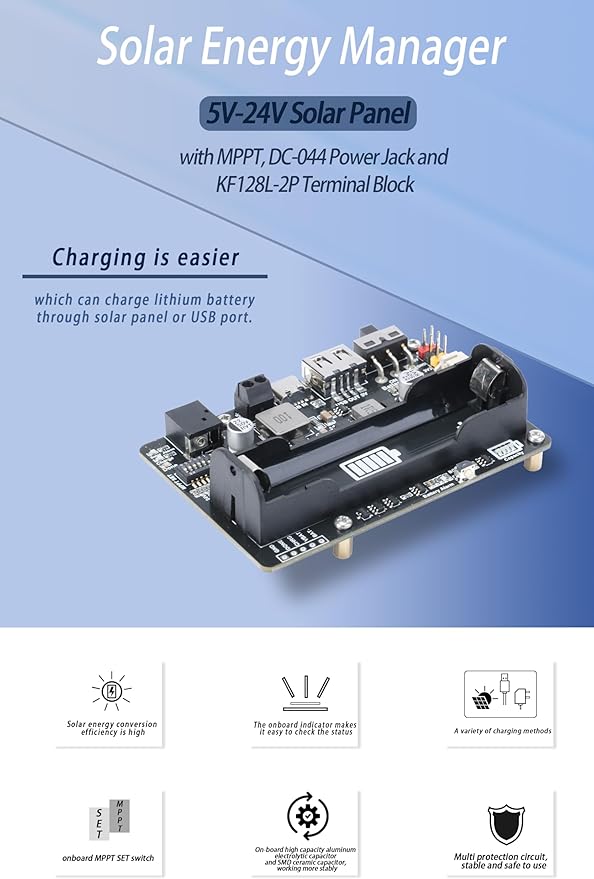 Solar Energy/Power Manager Module, Solar Power for 5V-24V Solar Panel, Supports Solar Panel or USB Port Ba-ttery Charging