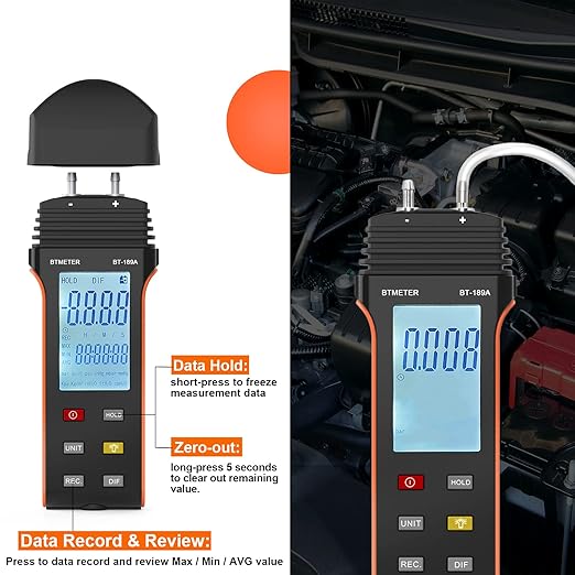 BTMETER Manometer HVAC Gas Pressure Tester 189A, Dual-Port Air Pressure Meter Gauge with Hose Kit Measure Static Pressure Differential Gas Pressure for Furnace Water Column