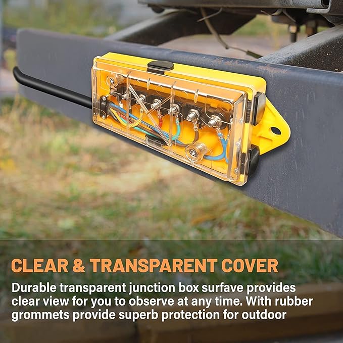 MECMO 7 Way Trailer Wire Junction Box Clear Cover Color-Coded 7 Pin Terminal Studs, Heavy Duty 7 Gang Trailer Wiring Connector Weatherproof Electrical Junction Box for Rewiring RV Camper Trailer Light