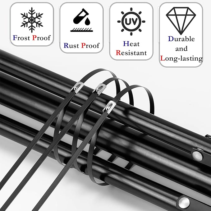 Metal Zip Ties, 100PCS Black 304 Stainless Steel Zip Ties, Multi-purpose Metal Zip Ties Heavy Duty，Used for Outdoor Binding, Cables, Farms, Vehicles. W/0.18"(4.6 mm) L/16" (400mm)