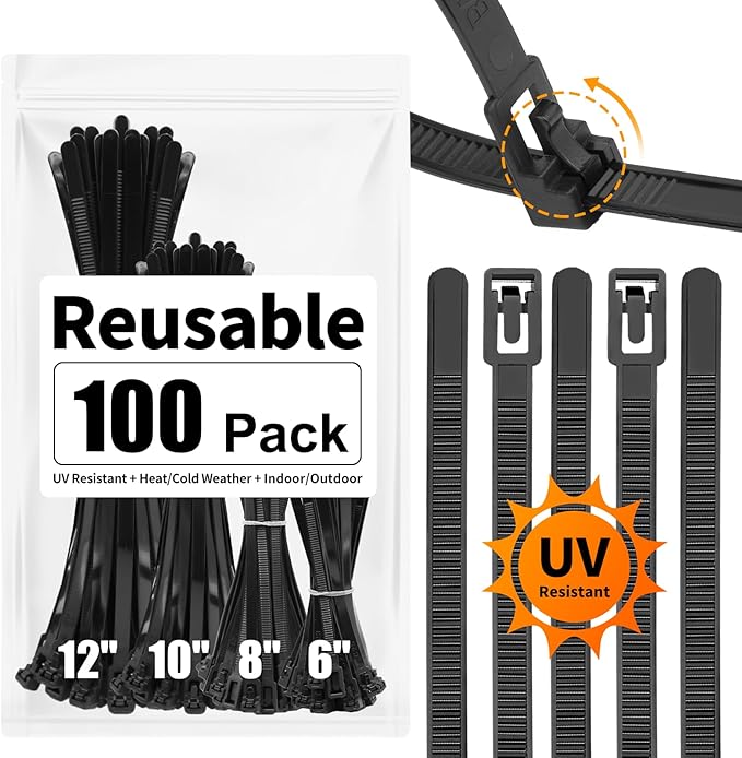 SOOOEC 100 Pack Reusable Zip Ties Assorted Sizes 6+8+10+12 Inch UV Resistant, Black Zip Ties Heavy Duty Outdoor Releasable Round Ending No Hurt, Cable Ties Reusable Tie Wraps Indoor Non Slip Off