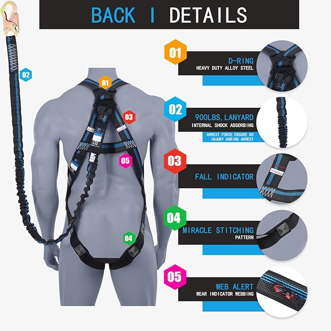 Safety Harness Fall Protection Kit - 3 Pt Full Body Safety Harness with 6 FT Internal Shock Absorbing Lanyard & Snap Hook, for Roofing Construction & Scaffolding Use, ANSI OSHA Compliant