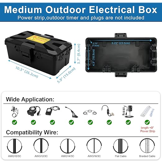 NineLeaf Outdoor Waterproof Electrical Box,IP54 Weatherproof Extension Cord Cover, Protect Outlet, Plug, Socket, Timer, Power Strip, Holiday Light Decoration,10.3x5.9x3.7inch,Black