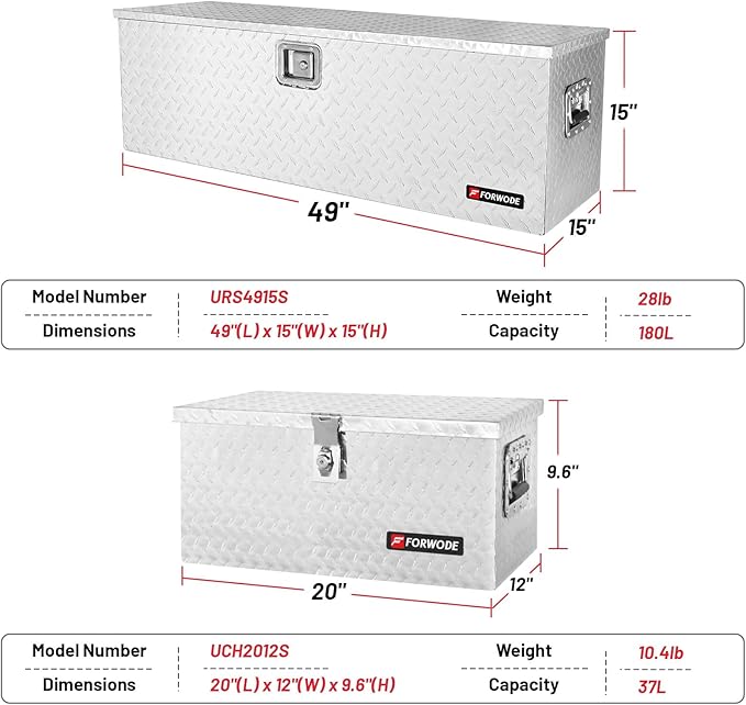 FORWODE 20&48 Inch Aluminum Truck Tool Box Lockable Truck Bed Tool Box Waterproof Truck Bed Storage Box with Gas Struts Side Handle Truck Tool Chest for Pickup, Truck Bed, RV, Trailer&Garage (Silver)