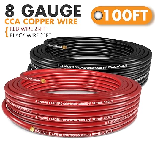 Jeemiter 8 AWG CCA Wire Kit - 100ft Total (50ft Red & 50ft Black) | Complete Power & Ground Cable for Car Audio, Solar, RV | with Lugs & Heat Shrink Tube