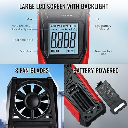 Digital Anemometer Handheld Wind Speed Meter for Air Velocity, Temperature Outdoor High Accuracy Anemometer Gauge Max/Min Data Hold, Battery Indicator for Drone Flying, Sailing, HVAC, Weather