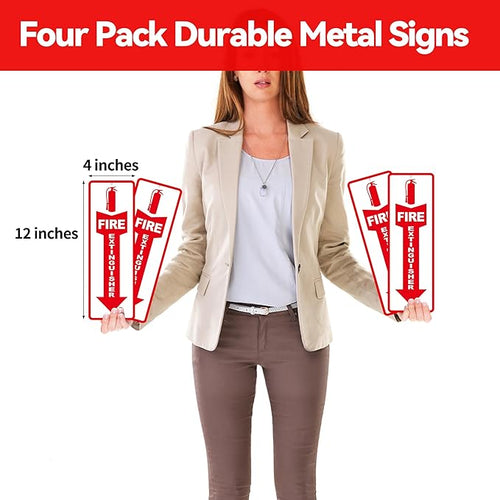 (4 Pack) Fire Extinguisher Signs – Strong Self Adhesive Fire Extinguisher Sign for Business, 12x4 Inch Aluminum Fire Extinguisher Signs Weather Resistant and Easy to Install (White)
