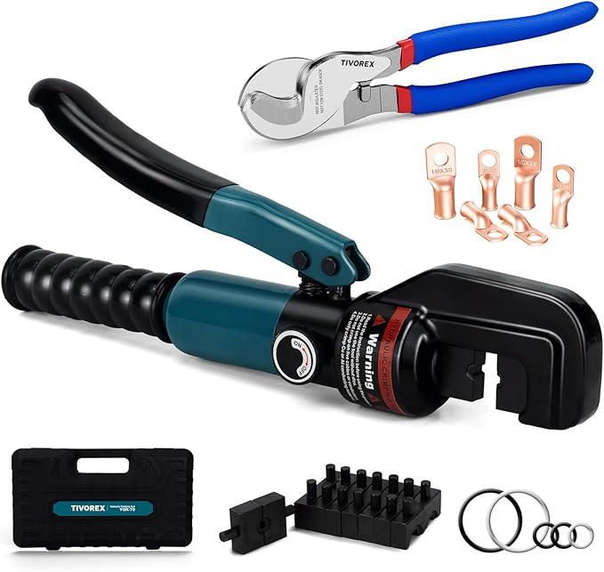 Hydraulic Crimping Tool and Cable Cutter, 12 AWG to 00 (2/0), 10 Tons Electrical Terminal Cable Wire Tool Kit with 9 Die Sets and 6pcs Ring Terminals