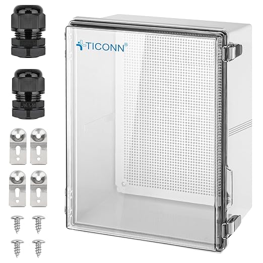 TICONN Outdoor Electrical Box Waterproof, Junction Box IP67 ABS Plastic Enclosure with Hinged Cover with Mounting Plate, Wall Brackets, Cable Glands (Clear, 19.7"x15.7"x7.9")